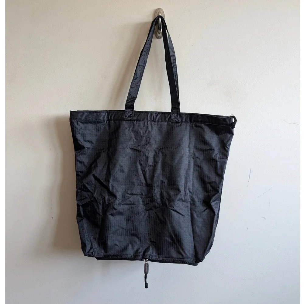 Baggallini Black Ripstop Nylon Foldable Travel Tote Bag with Zippered Bottom